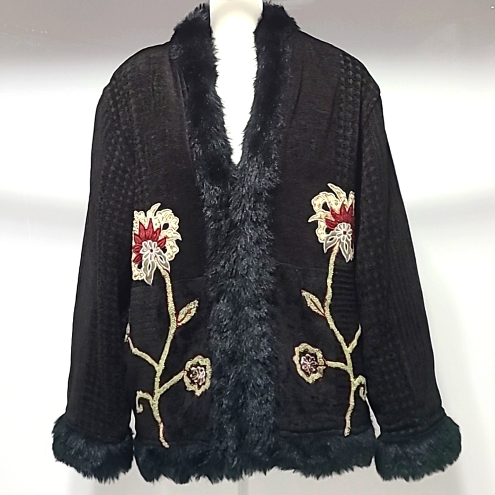 Flashback Vintage Embroidered Faux Fur Black Coat Jacket Size L - Picture 11 of 15